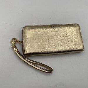 Fossil Zip Around Cow Leather Wallet Gold Wrist Strap